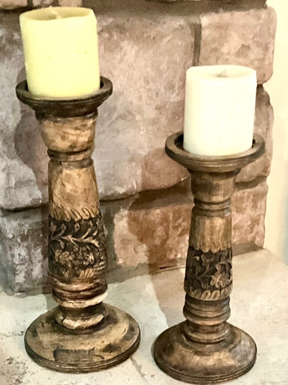 Two Unique Rustic Carved Candleholders including candles